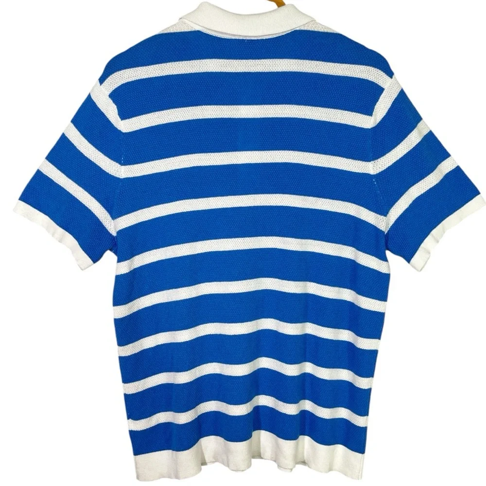 Onia Mens Blue and White Striped Perforated Knit Polo Size Large Short Sleeve - Picture 4 of 5